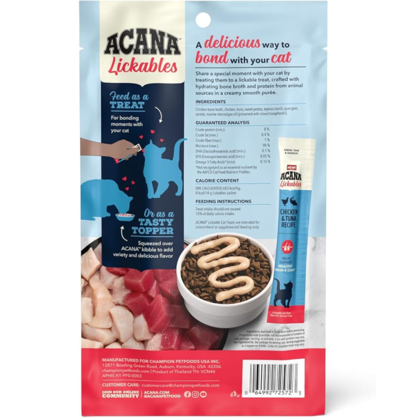 Acana Lickables Skin & Coat Chicken & Tuna Recipe Cat Treats, 2.5 oz, 5 count Fashion